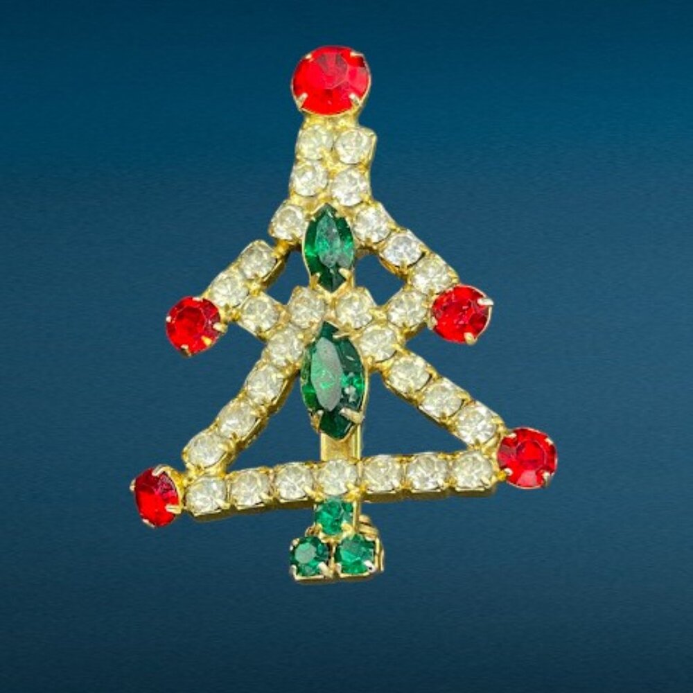 Vintage Christmas Tree Brooch Pin Open Work Prong-Set Colored & Clear Rhinestone - Picture 4 of 7